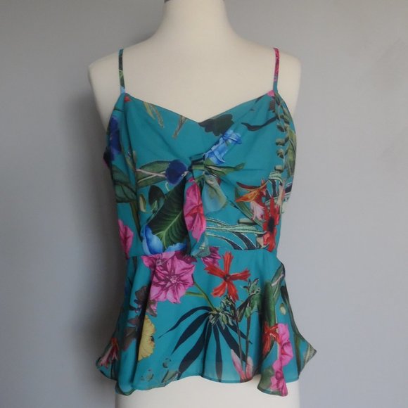 Parker Blue Azule Sardinia Hawaii Exotic Leaves Floral Tank Cocktail Top Blouse - Picture 2 of 8